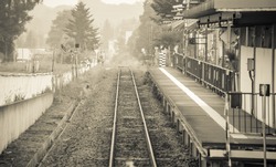 Old Train Station Vintage In Small Town Of Japan Retro Black And White Tone