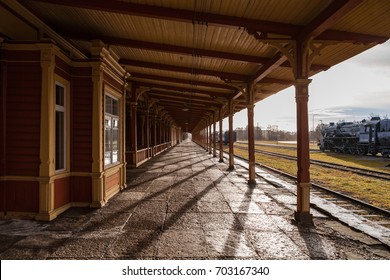 Old Train Station. Wooden Wrok From Last Century, Vintage Style Of Northern Europe.