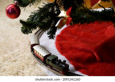 Old Train Under A Christmas Tree