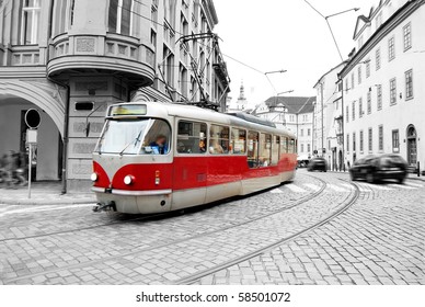 Old tram on Prague street.