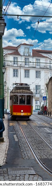 old\
tram running in lisbon  a beautiful town in\
portugal