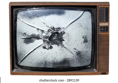 An Old Trashed TV With A Smashed Screen, Isolated On A White Background.