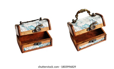 Old treasure chest isolated against in white background, no shadow. Old wooden trunk with closed lid. Vintage box, locked and secured