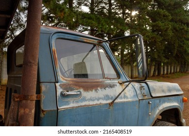 Old Truck Detail In Rural Area. Featured Side Door And Window