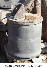 Old Truck Shock Absorber Air Cylinder Closeup, Pneumatic Car Suspension Service Repair Rebuiding