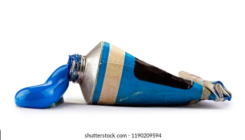 Old Tube With Blue Oil Paint On White Background, Clipping Path