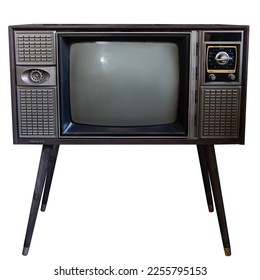 Old tube monitor TV Television in wooded box vintage object isolated on white background. This has clipping path. - Shutterstock ID 2255795153