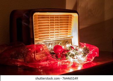 Old Tube Radio With Christmas Decoration