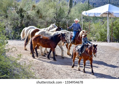 Old Tucson, Arizona - 9 March 2019: Horse Wranglers Bringing The Ponies To The Steampunk Convention.
