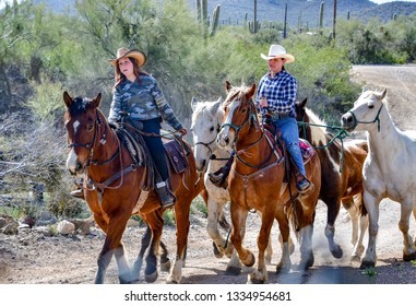 Old Tucson, Arizona - 9 March 2019: Horse Wranglers Bringing The Ponies To The Steampunk Convention.
