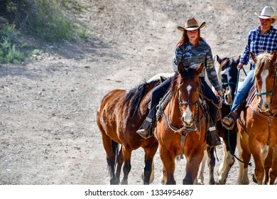 Old Tucson, Arizona - 9 March 2019: Horse Wranglers Bringing The Ponies To The Steampunk Convention.
