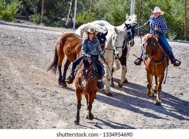 Old Tucson, Arizona - 9 March 2019: Horse Wranglers Bringing The Ponies To The Steampunk Convention.
