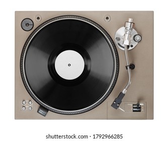 old turntable with lp vinyl record top view. Clipping path.