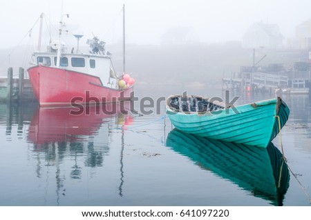  Old Turquoise Row Boat Anchored Beside Bigger Red Fishing Boat in Fog