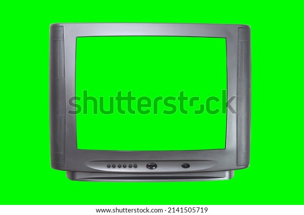 The old TV on the isolated. Old green\
screen TV for adding new images to the screen.\

