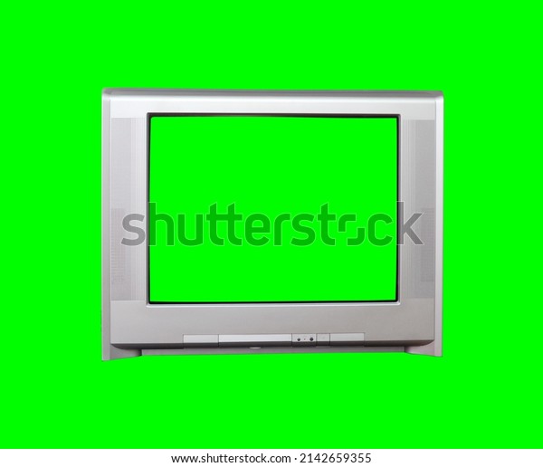 The old TV on the isolated. Old green
screen TV for adding new images to the screen.

