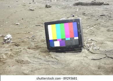 Old Tv Playing Color Bars In Desert .with Path On Screen