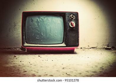 Old TV In Room. Retro Style Colors.