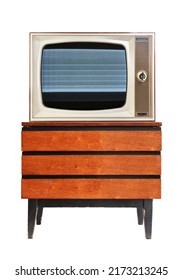 An Old TV With Screen Noise Sits On A Vintage Nightstand From The 1960s, 1980s, 1970s.