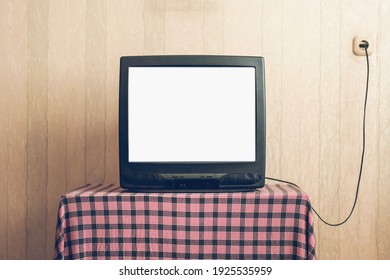 Old TV Small Screen With Blank White Space For Mockup Information Front View