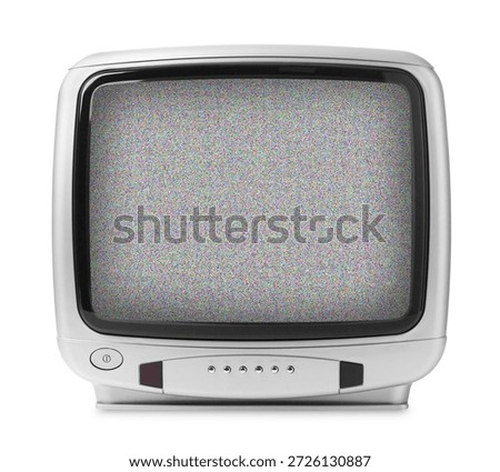 Old TV with static noise pattern on screen. White background