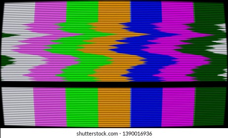 Old TV Test Pattern Colorful Stripes Damaged By Glitches, Banding And Noise