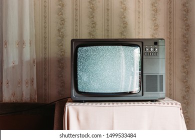 Old Tv Turned On On The Table. Retro, Vintage Concept