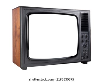 Old TV With White Screen Isolated On White Background. Vintage TVs 1960s 1970s 1980s 1990s 2000s.