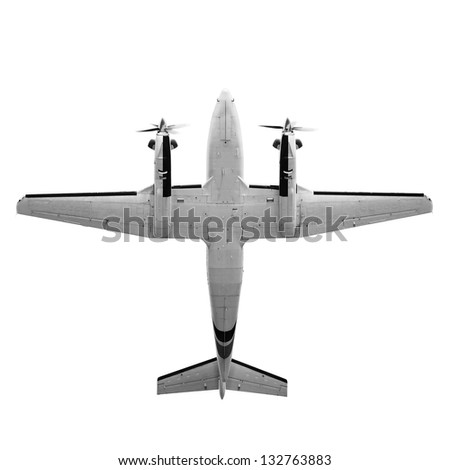 Old twin prop gray cargo plane isolated on white background. Bottom view