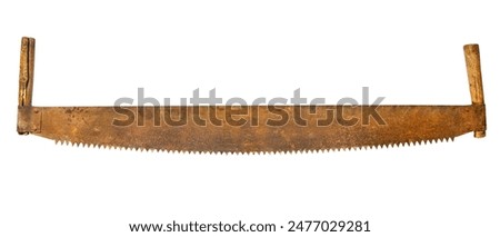 Old two-handed saw isolated on a white background. Rusty hand saw for wood.