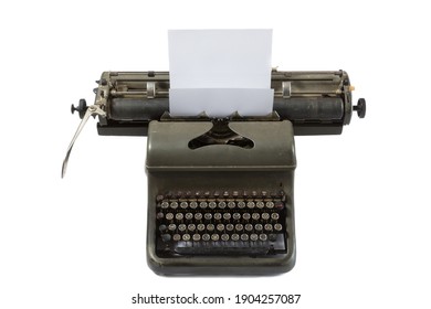 Old Typewriter and a blank sheet of paper inserted. Isolated on White Background. 
