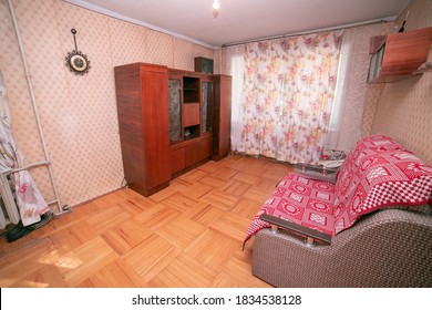 Old Ugly Apartment Flat View From Inside, Interior, Retro Style, Old. Apartment In Russia Moscow