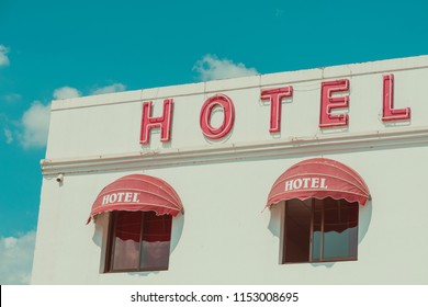 Old Unclean Hotel Facade With Vintage Neon Sign Retro Color Stylized