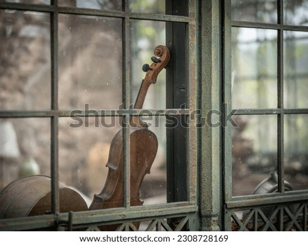 Old und vintage violin in the window