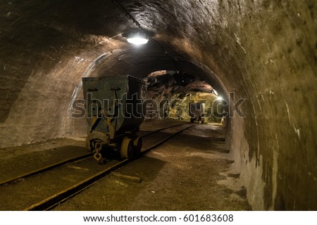 Old underground mine with equipment and rails, Banska Stiavnica, Slovakia