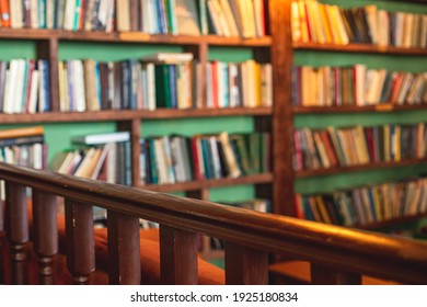 Old University College Library Interior With A Bookshelves, Books And Bookcase, Classic Style School Interior Archive With Wooden Ladder