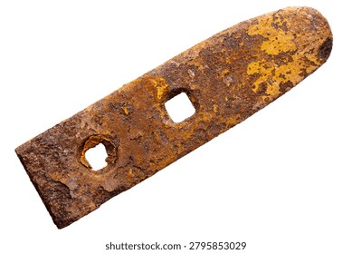 Old unknown rusty object isolated on white background. The usual magnet fishing find.