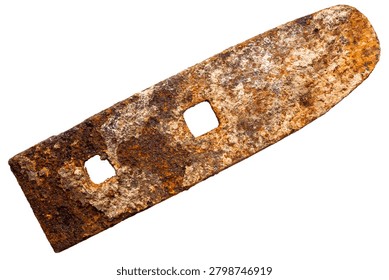 Old unknown rusty object isolated on white background. The usual magnet fishing find.