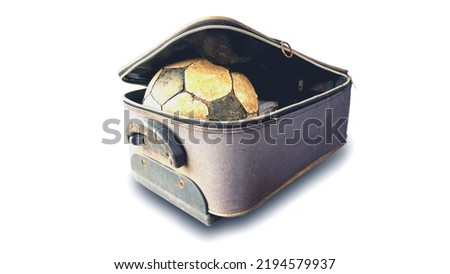 An old, unusable football thrown in an old bag. on a white background