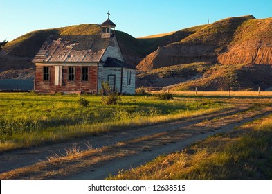 An old unused church located in the badlands of Alberta