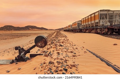 Old Unused Train At Wadi Rum Train Station, Railroad Switch Foreground, Sandy Desert Around