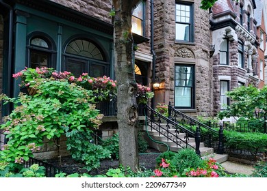 Old Urban Neighborhood With Brownstone Style Houses With Front Gardens