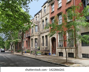 Old Urban Neighborhood, Shady Street With Townhouses