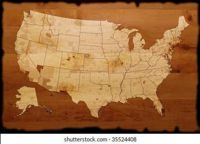 Old USA Map On Wood Texture