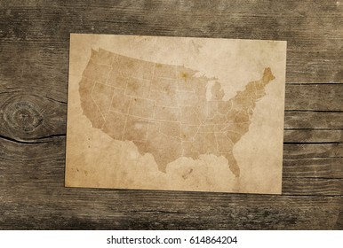 Old Usa Map On Wood. Ancient Map