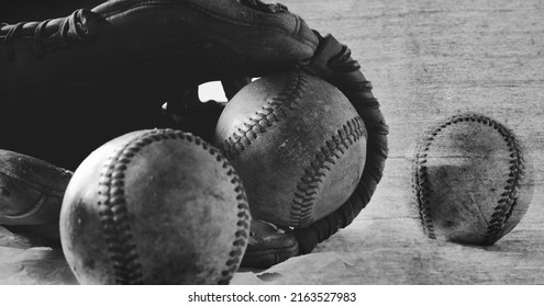 Old Used Baseball Balls Close Up In Wide Angle View Black And White, Wood Texture For Rustic Sport Background.