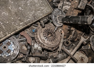 Old Used Car Parts And Other Parts In A Pile