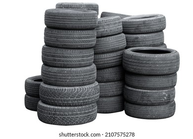 Old Used Car Tire Stack Pile Isolated On White Background