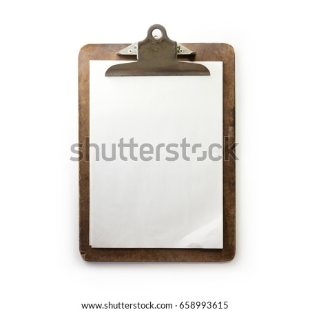 Old used clipboard with sheets of paper and slightly folded corner. dark brown clipboard. Isolated on white. 