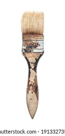 Old Used Flat Paint Brush With Rust And Paint Marks Isolated On White Background